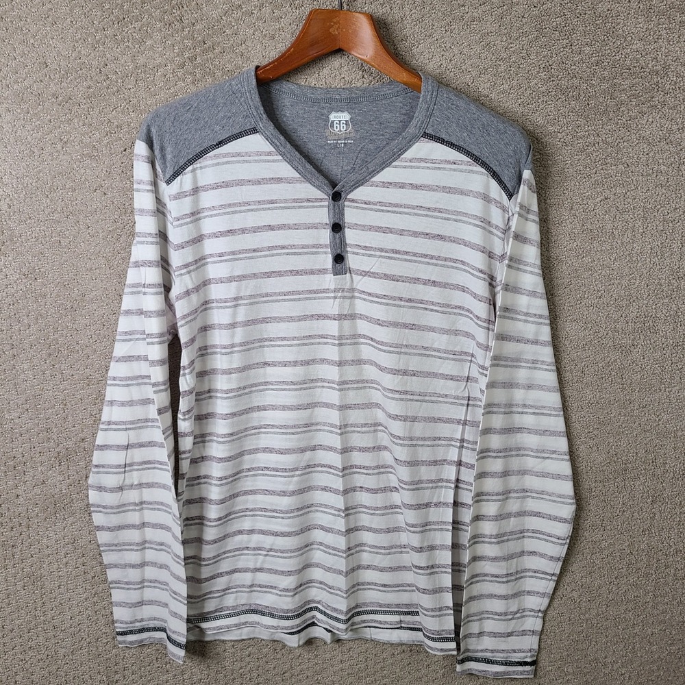 Route 66 Shirt Mens Large Gray Striped Henley Cotton Long Sleeve Casual